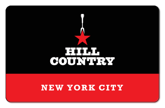 Hill country logo, guitar with base in shape of star over cream and red background